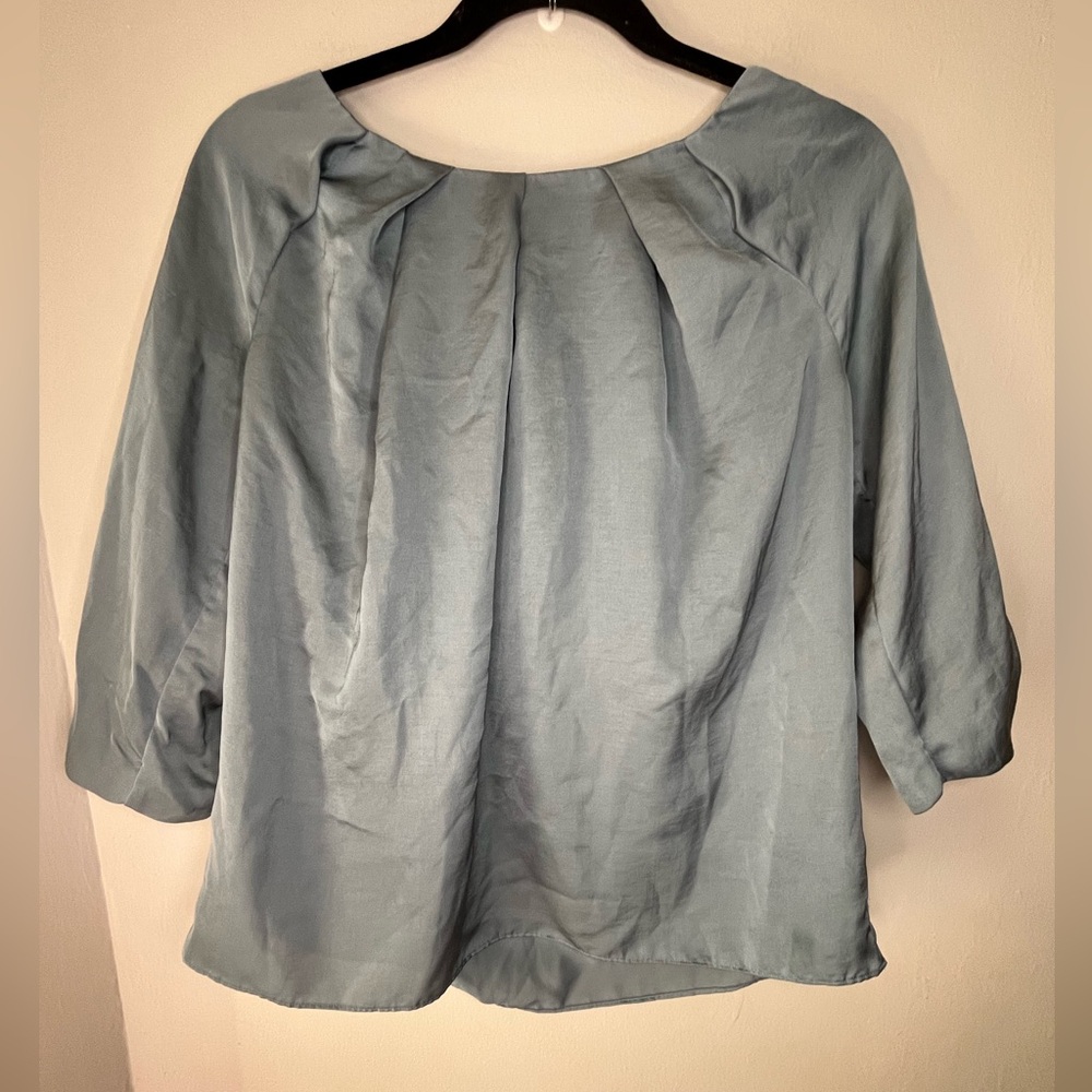 Talbots Blue Gray Satin-Like 3/4 Sleeves Pleated Balloon Blouse Women’s Size 10P